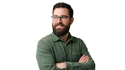 Fototapeta premium A confident man with a beard and glasses standing against a black background