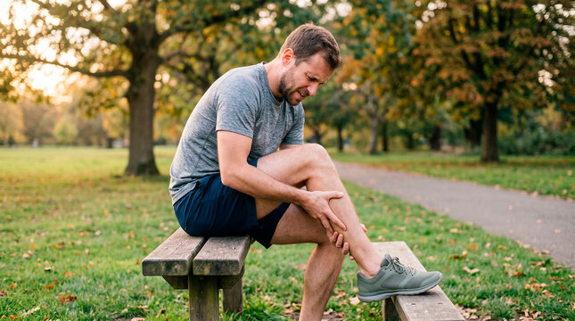 A man with a pained expression holds his leg, possibly indicating a sports injury