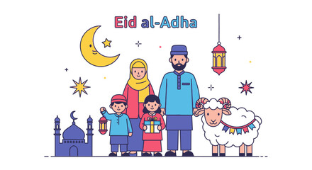 Fototapeta premium Eid al-Adha Celebration Illustration of a Happy Muslim Family with Sacrificial Sheep and Lanterns