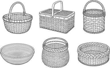 Obraz premium Wicker Basket Icon Set Featuring Different Shapes and Designs for Home Decor and Storage Solutions