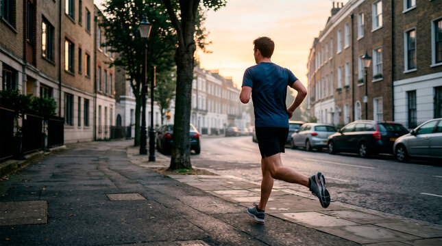 A man running on a city street, demonstrating physical activity and a healthy lifestyle. The street scene with buildings and cars represents urban living