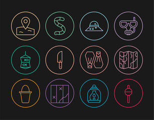Set line Fishing float, Folded map, Fisherman hat, Knife, net with fish, Location fishing, Rubber flippers for swimming and Worm icon. Vector © vector_v