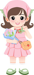 A smiling cartoon girl in a pink outfit holds flowers and making peace sign
