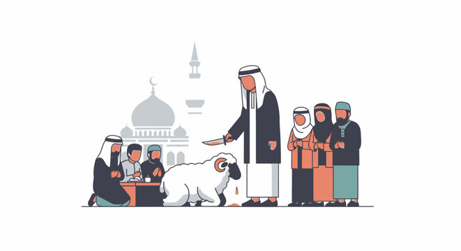 Eid al-Adha Sacrifice Ritual with Muslim Family and Sheep near Mosque Flat Vector Illustration