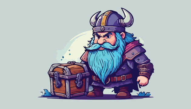 Cartoon Viking Dwarf Guarding a Treasure Chest with Fierce Determination.