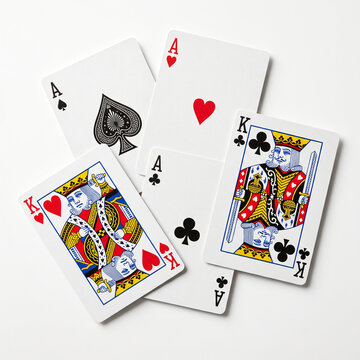 playing cards with hearts and spades scattered on white background for luck and gambling concept