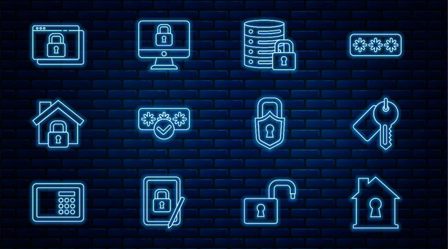 Set line House under protection, Marked key, Server security with lock, Password, Secure your site HTTPS, SSL, Lock and computer monitor icon. Vector
