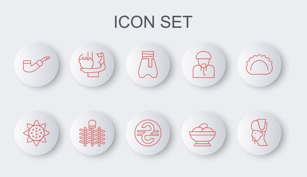 Set line Ukrainian cossack, Sunflower, Cossack pants, Varenyky bowl, Smoking pipe, Monument to founders of Kiev, Wicker fence and hryvnia icon. Vector