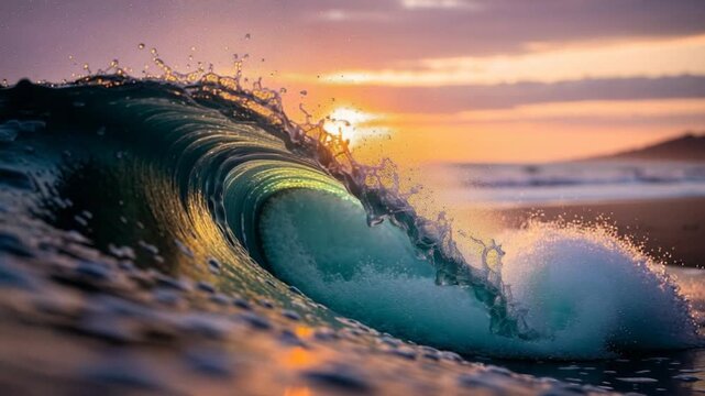Vibrant ocean wave curling and crashing on the shore at sunset with sparkling water and colorful sky