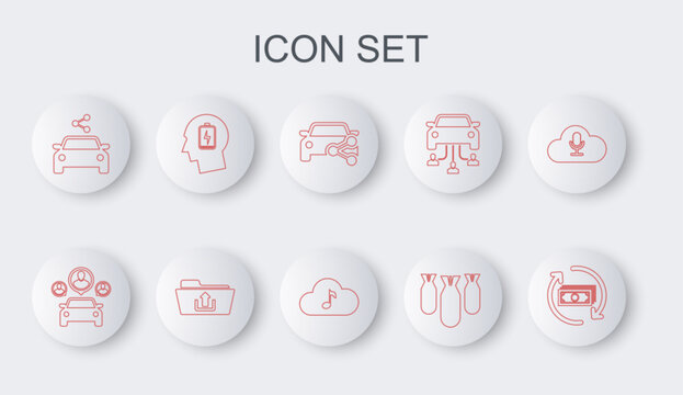 Set line Refund money, Car sharing, Aviation bombs, Head with low battery, Folder upload and Music streaming service icon. Vector