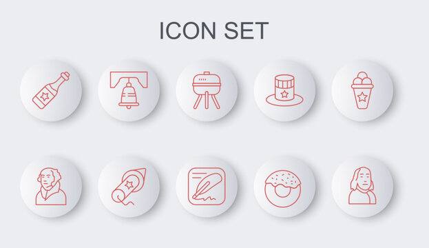 Set line Benjamin Franklin, George Washington, Barbecue grill, Donut, Champagne bottle, Liberty bell Philadelphia, Firework and Declaration of independence icon. Vector