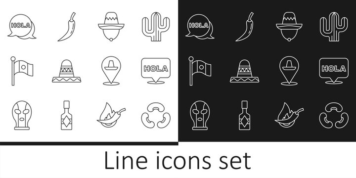 Set line Beans, Hola, Mexican sombrero, Mexico flag, and Hot chili pepper pod icon. Vector