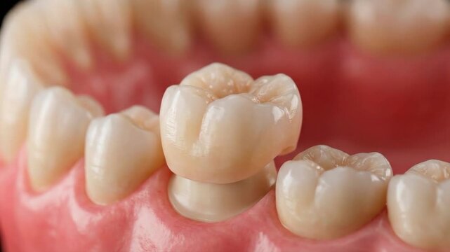 Dental crown placed on a human tooth, suitable for medical presentations, dental clinic websites, healthcare education, and patient consultations.