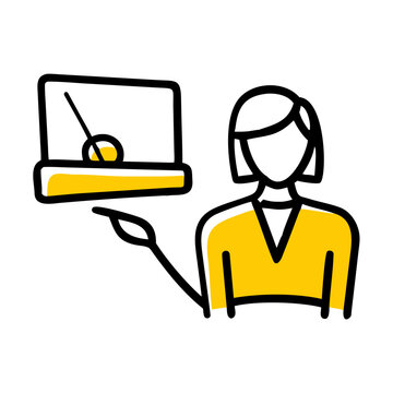 Businesswoman pointing to presentation screen with gauge graphic vector illustration template.