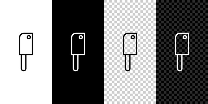Set line Meat chopper icon isolated on black and white background. Kitchen knife for meat. Butcher knife. Vector Illustration