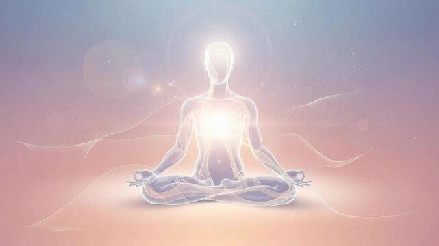 Radiant figure meditating in a peaceful space glowing with vibrant inner light and positive energy