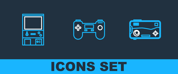 Set line Mobile and playing in game, Retro arcade machine and Gamepad icon. Vector © vector_v