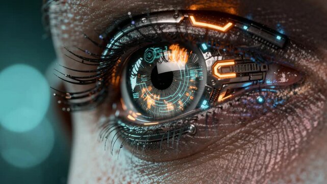 Close up of a human eye with futuristic cybernetic technology and digital enhancements in science fiction style