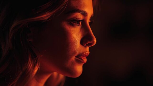 Young woman gazes thoughtfully into warm candlelight glow with soft peaceful expression
