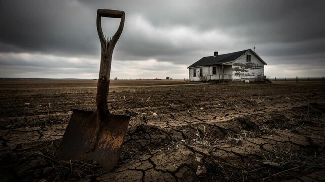 Weathered shovel standing in cracked dry earth under cloudy sky symbolizing drought and environmental hardship