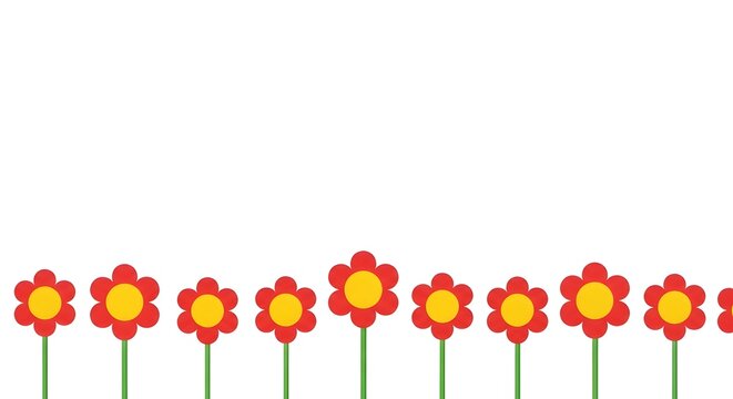 A row of simple red and yellow cartoon flowers with green stems against a plain white background.