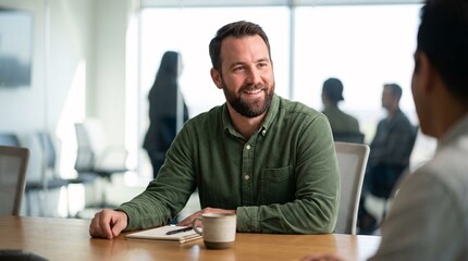 Fototapeta premium A smiling man sitting at a table in a modern office with a cup of coffee and notebook