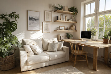 Fototapeta premium Cozy bright living room with beige sofa, wooden desk, chair, floating shelves, and large window letting natural light fill space, decorated with plants and framed artwork