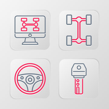 Set line Car key with remote, Steering wheel, Chassis car and Diagnostics condition of icon. Vector