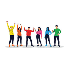 Obraz premium Six people in colorful clothing standing together with raised arms