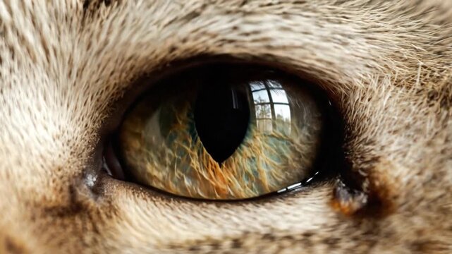 Macro shot of a tabby cat's green and brown eye reflecting a window with a grid pattern, showcasing intricate iris detail.
