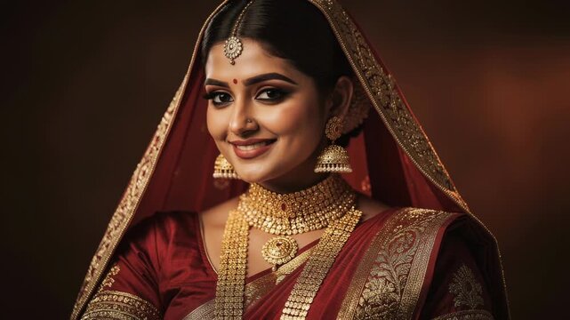 Graceful Indian bride wearing a rich red saree with intricate gold embroidery traditional wedding attire