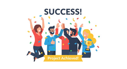 Naklejka premium Successful Business Team Celebrating Project Achievement with Trophy and Confetti Flat Illustration