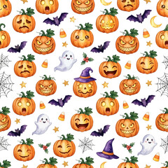 Obraz premium Watercolor Seamless Pattern — Halloween Pumpkin Expression Ghost Bat Spider Web Spooky Background 