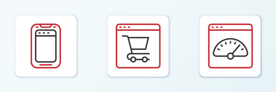Set line Digital speed meter, Mobile phone and Online shopping screen icon. Vector