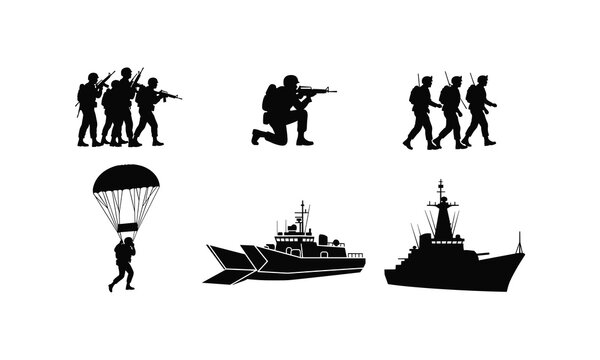 Military operations and specialized transport methods illustrated in silhouettes