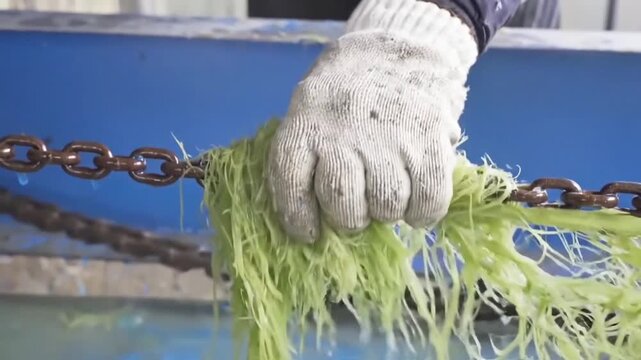 Gloved hand harvesting and pulling wet stringy green seaweed off a metal chain during an industrial aquaculture processing operation