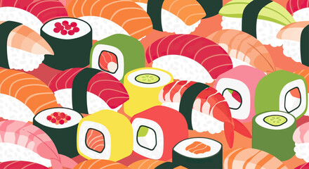 Vibrant, close-up pattern of diverse sushi pieces against an orange background © NAFAS KUDA