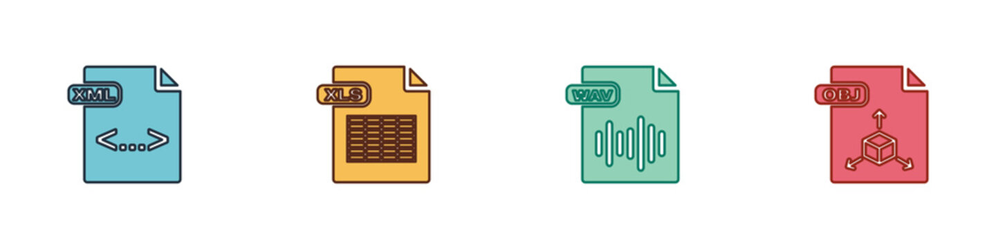 Set XML file document, XLS, WAV and OBJ icon. Vector