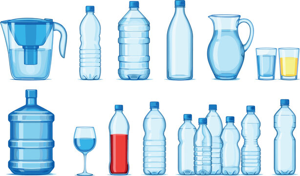 Large collection of water containers including plastic bottles filter pitcher glass jug and cooler gallon isolated on white background vector illustration