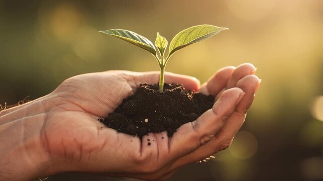 Close up of hands gently holding a young green plant sprouting from rich soil for growth and nature care