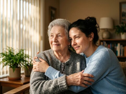 Senior woman embraces younger female companion indoors during warm sunlight