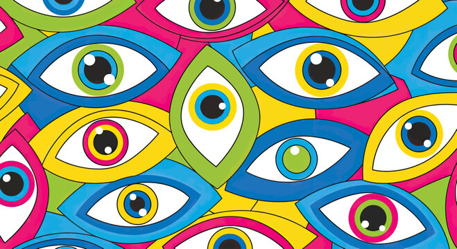 Vibrant, abstract eyes in a repeating geometric pattern, filled with bold colors
