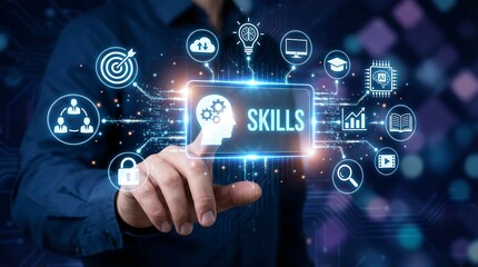 Fototapeta premium A person's finger touches a glowing 'SKILLS' button on a futuristic interface, surrounded by an array of icons symbolizing diverse personal and professional capabilities and learning.