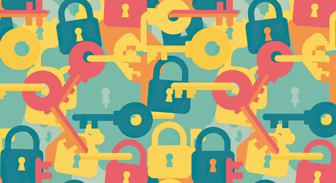 A repeating pattern of colorful padlocks and keys in a flat design style