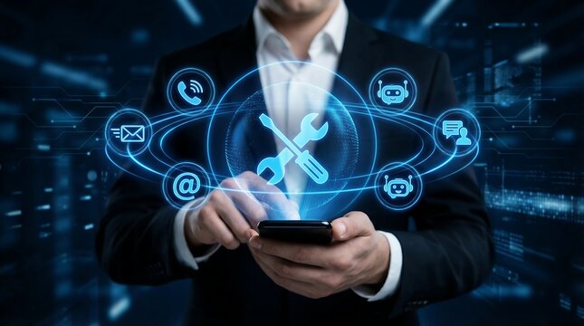 A businessman holds a smartphone, engaging with a dynamic blue service and support interface featuring interconnected icons for various communication and technical assistance channels.