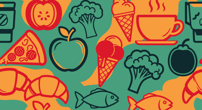 Vibrant food patterns with fruits, pizza, ice cream, coffee, and fish