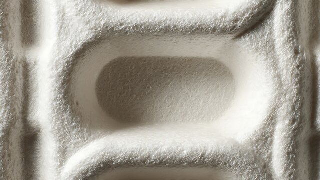 Macro view of recycled molded pulp egg carton texture, showcasing its fibrous surface and protective oval indentations, highlighting sustainable packaging material details
