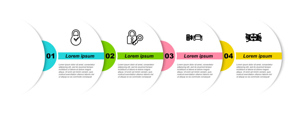 Set line Padlock with clock, Lock and key, Smart car alarm system and VPN microchip circuit. Business infographic template. Vector