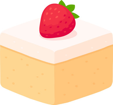 Tres leches cake piece illustration. Sponge cake with cream and strawberry. Cartoon vector clip art.