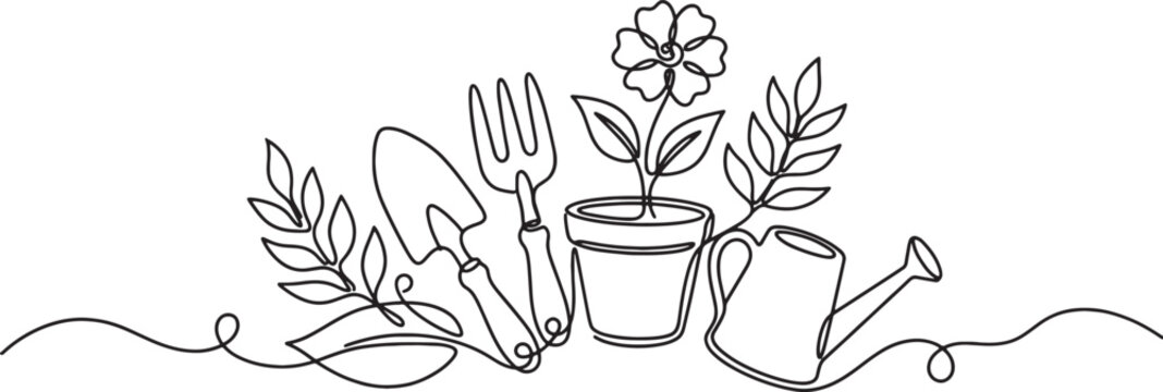 Minimalist continuous line drawing of gardening tools and a potted plant with a watering can
